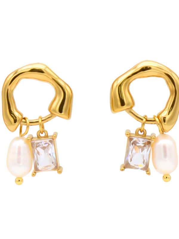 Geometric Hoop Earrings with Pearl & Cubic Zirconia Charm